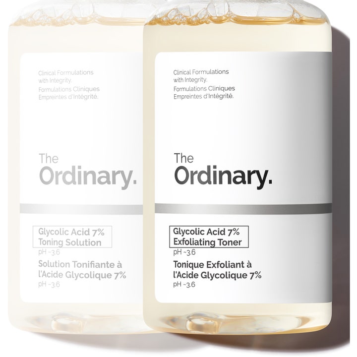 The Ordinary Glycolic Acid 7% Exfoliating Toner 240 ml eksfolierende toner i to klare flasker med lys gul væske