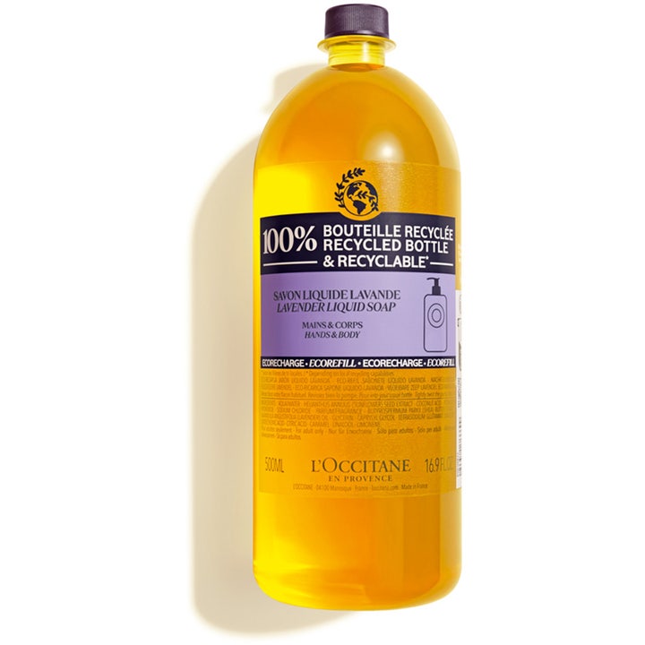 L'Occitane Lavender Liquid Soap 500ml beroligende håndsåpe i gul påfyllingsflaske av plast med lilla etikett og sort kork