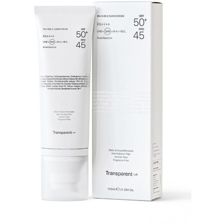 Niche Beauty Lab Transparent Lab Invisible Sunscreen SPF50+ 100 ml gir usynlig solbeskyttelse i hvit tube og eske