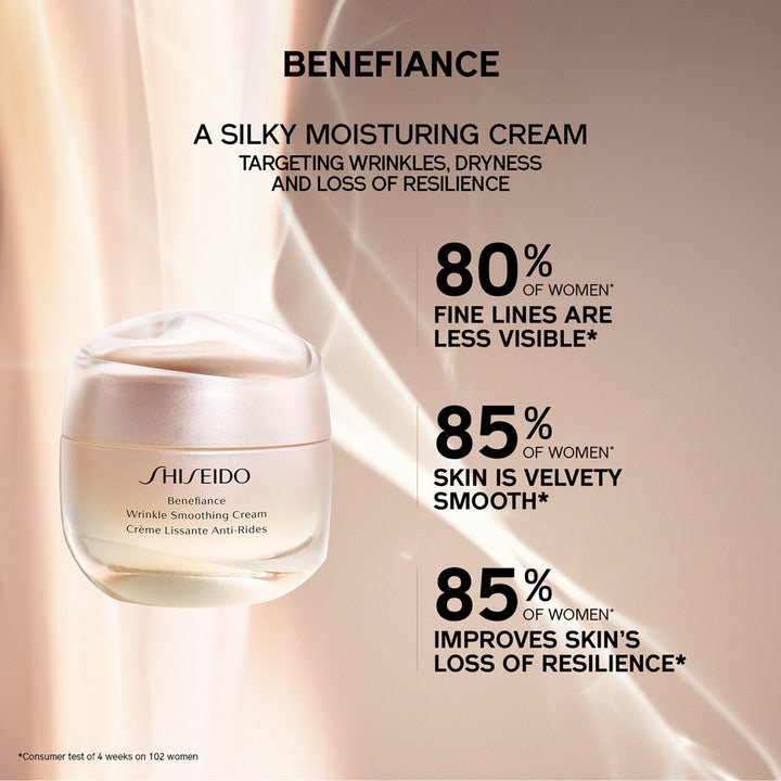 Shiseido Benefiance Wrinkle Smoothing Cream 50 ml ansiktskrem i beige krukke med tekst om rynker og elastisitet