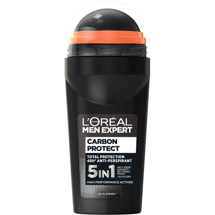 L'Oréal Men Expert Carbon Protect 5in1 Anti-Perspirant roll-on deodorant i sort beholder med oransje detalj og svart kule