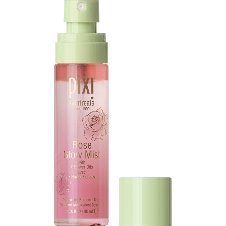 Pixi Rose Glow Mist 80 ml fuktighetsgivende face mist i klar flaske med rosa væske og lysegrønn pumpe