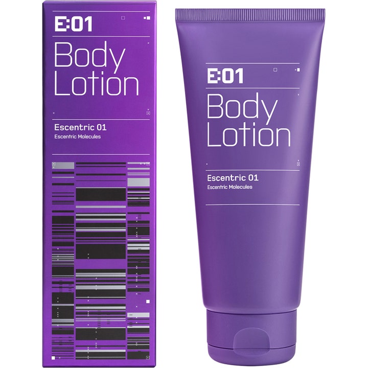 Escentric Molecules Escentric 01 Body Lotion 200 ml fuktighetsgivende kroppskrem i lilla tube og eske med grafisk dekor.