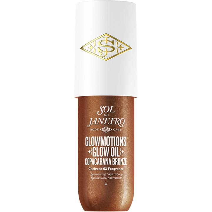 Sol de Janeiro Glowmotions Glow Oil Copacabana Bronze 30 ml skimrende kroppsolje i flaske med hvit kork og gulllogo.