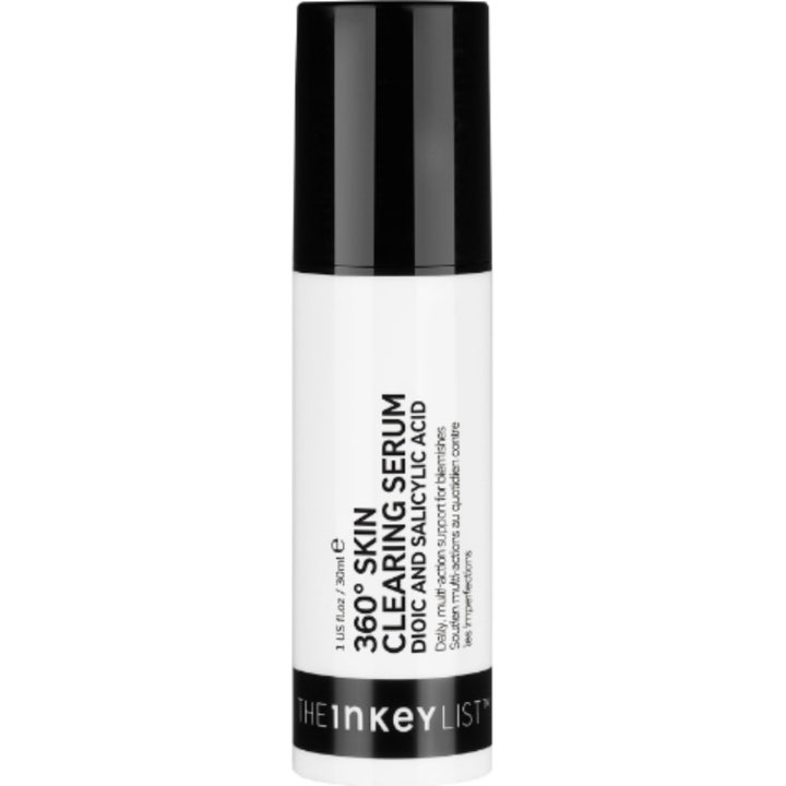 The Inkey List 360° Skin Clearing Serum 30ml mot urenheter i hvit sylindrisk flaske med stor sort kork