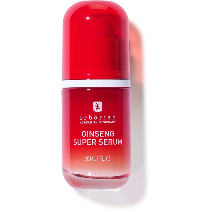 Erborian Ginseng Super Serum 30 ml utglattende ansiktsserum i en rød glassflaske med matchende rød hette.