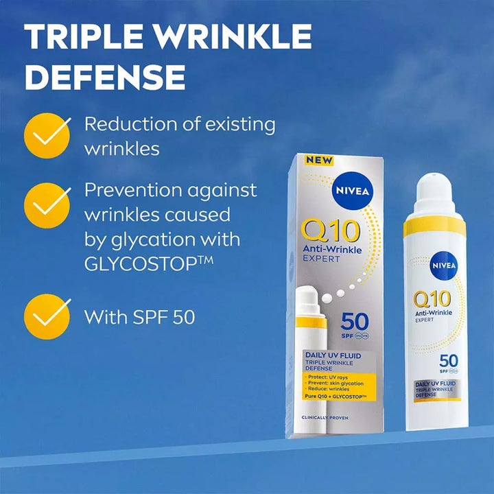 Nivea Q10 Anti-Wrinkle Expert Daily UV Fluid 40 ml dagkrem med SPF 50 mot rynker i hvit pumpeflaske og eske.