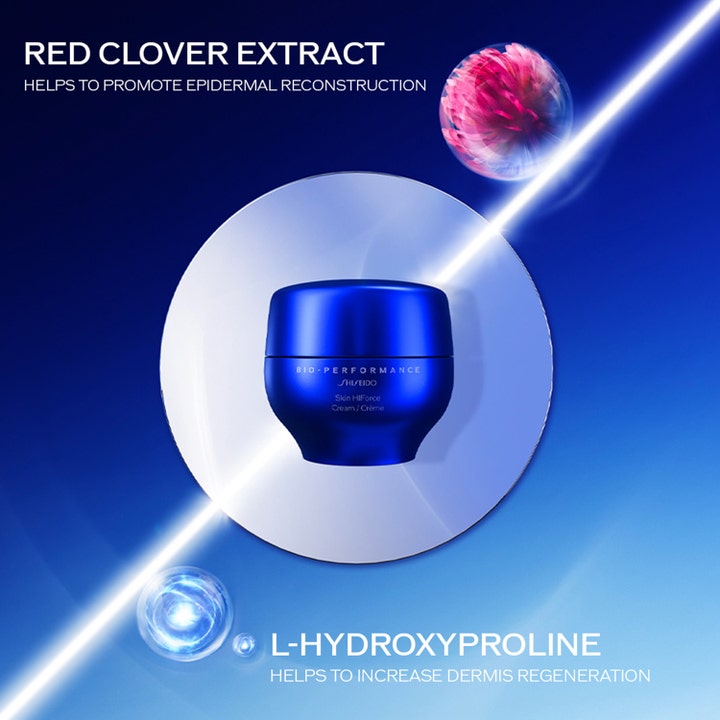 Shiseido BioPerformance Skin HiForce Cream 50 ml ansiktskrem med Red Clover Extract og L-Hydroxyproline i blå krukke