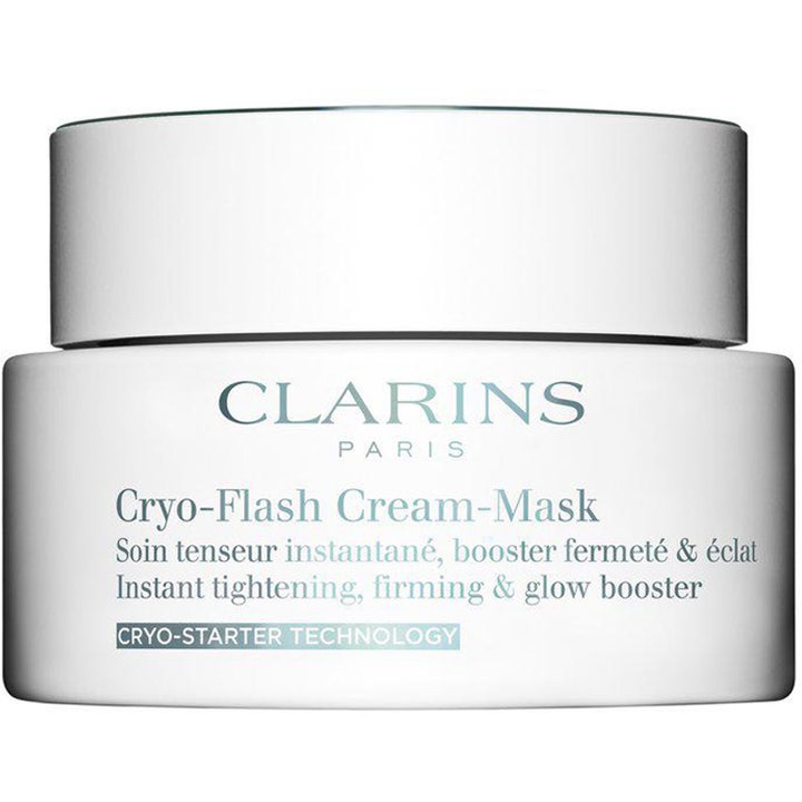 Clarins Cryo-Flash Cream-Mask oppstrammende ansiktsmaske som gir glød i en hvit krukke med sølvlokk.