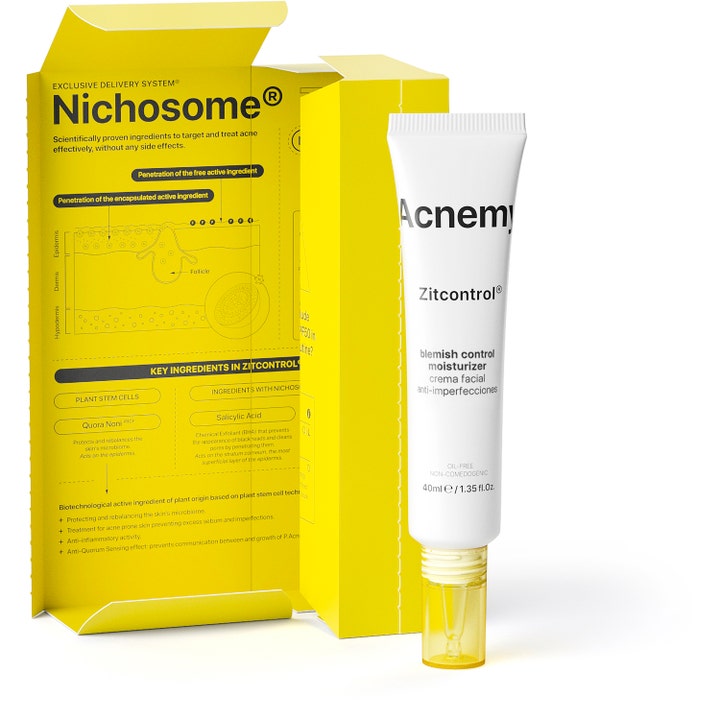 Niche Beauty Lab Acnemy Zitcontrol 40 ml ansiktskrem mot kviser i hvit tube med gult lokk og gul eske