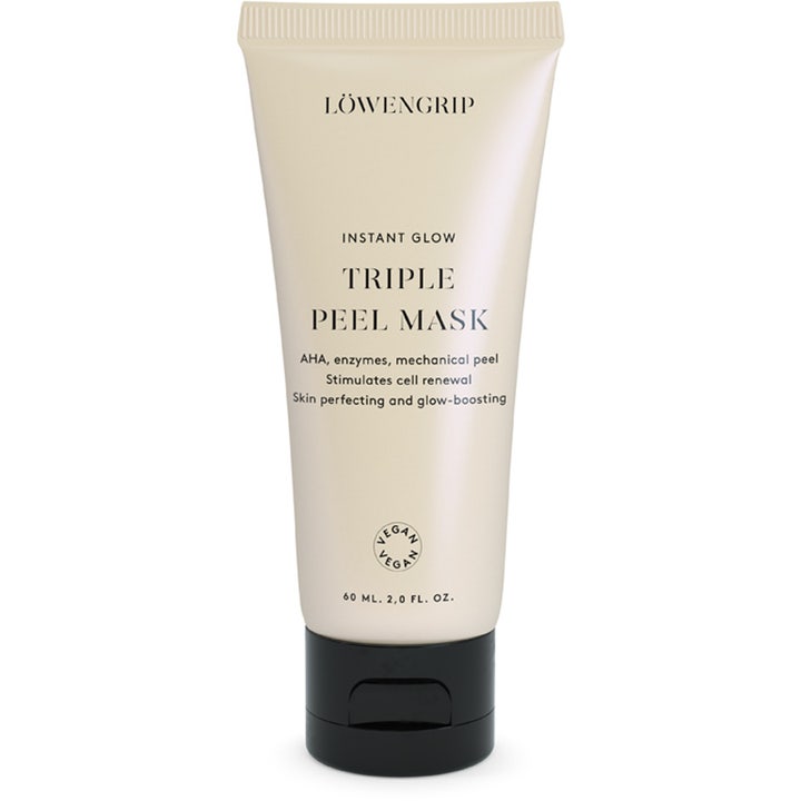 Löwengrip Instant Glow Triple Peel Mask 60 ml eksfolierende ansiktsmaske som gir glød i en beige tube med sort kork