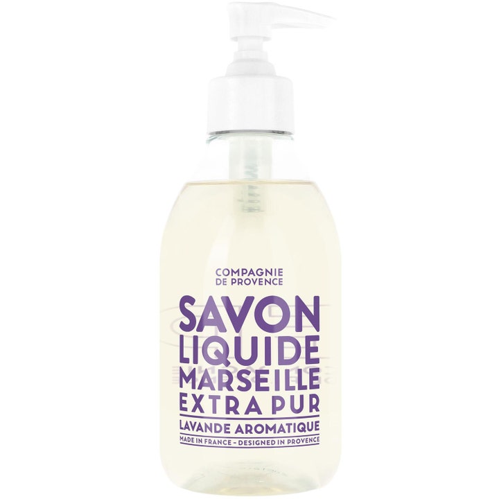 Compagnie de Provence Savon Liquide Marseille 500ml flytende såpe i klar plastflaske med hvit pumpe og lilla tekst