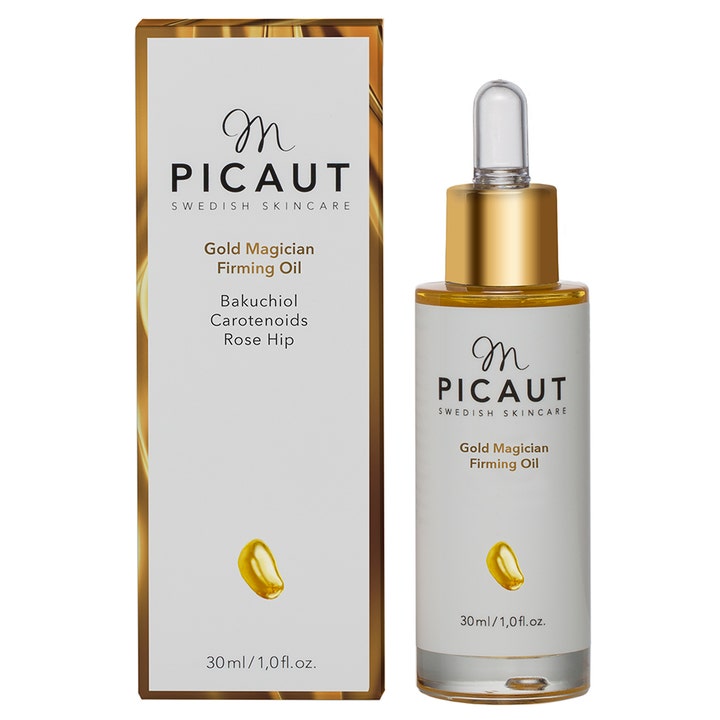 M Picaut Gold Magician Firming Oil 30 ml oppstrammende ansiktsolje med bakuchiol i glassflaske med gullkork.