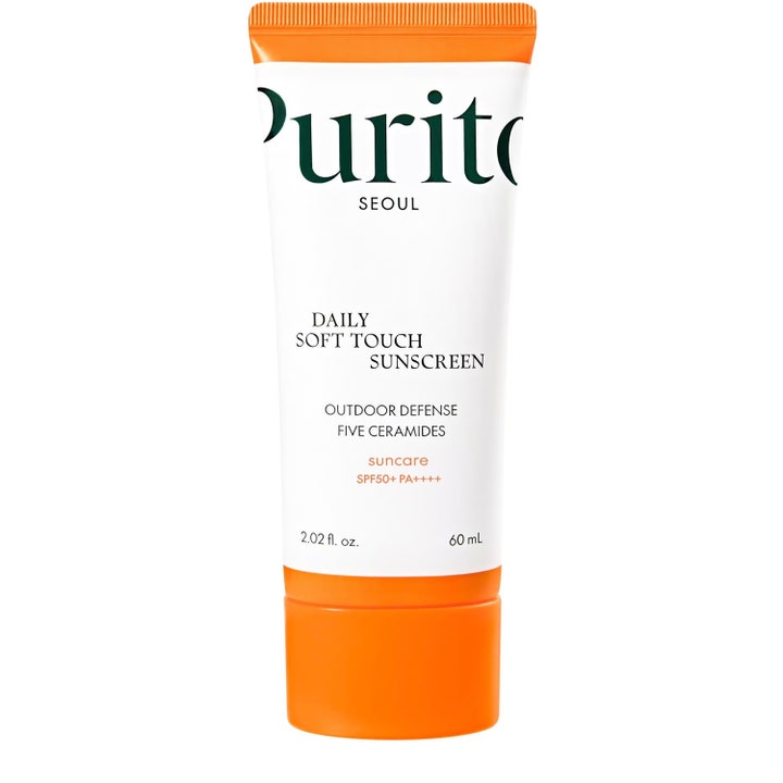 Purito Seoul Daily Soft Touch Sunscreen 60 ml solbeskyttelse med ceramider i hvit tube med oransje detaljer