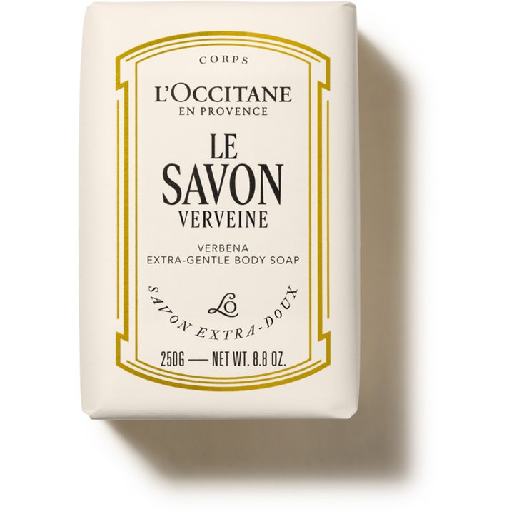 L'Occitane Verbena Extra-Gentle Body Soap 250g mild fast såpe i kremfarget papiremballasje med elegante gulldetaljer