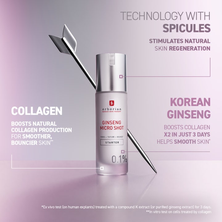 Erborian Ginseng Micro Shot 30 ml serum i flaske med sølvlokk ved siden av en pil som symboliserer spikules.
