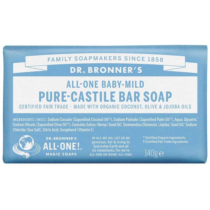 Dr. Bronner's Baby-Mild Pure-Castile Bar Soap 140g mild fast såpe i lyseblå papiremballasje med hvit tekst.