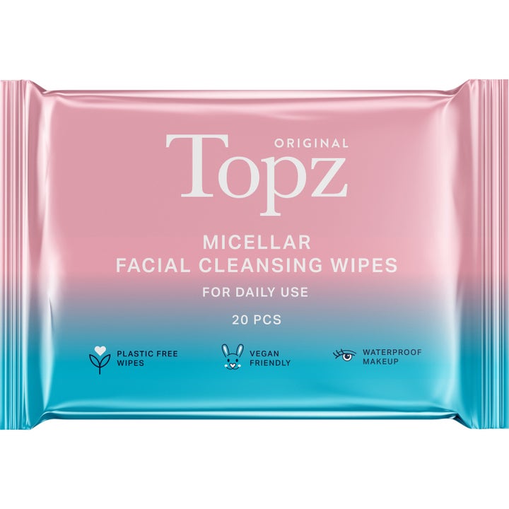 Topz Original Micellar Facial Cleansing Wipes 20 stk renseservietter i rosa og blå pakning fjerner vannfast sminke