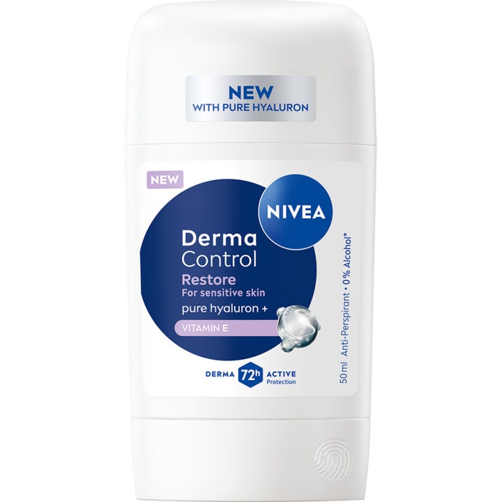 Nivea Derma Control Restore 50ml deostick gir 72t beskyttelse for sensitiv hud i hvit hylse med blått design.