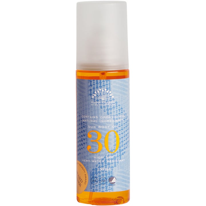 Rudolph Care Sun Body Oil SPF 30 150 ml pleiende sololje i klar flaske med blått mønster og hvit hette.