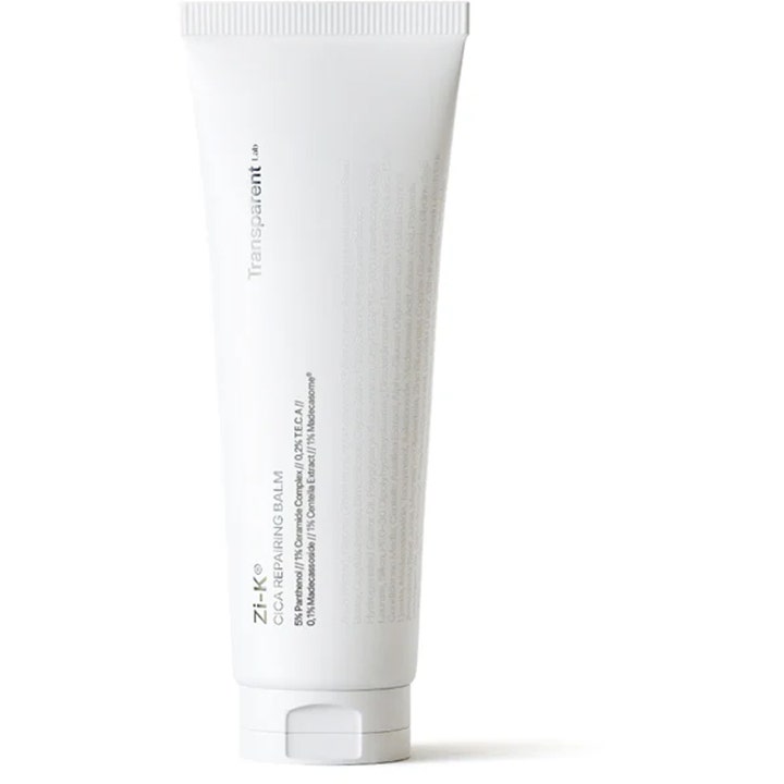Transparent Lab Zi-K Cica Repairing Balm 50ml gjenoppbyggende ansiktspleie i en hvit tube med beroligende panthenol