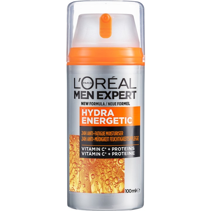 L'Oréal Men Expert Hydra Energetic 100 ml fuktighetskrem med vitamin C gir huden ny energi i en sølvfarget pumpeflaske