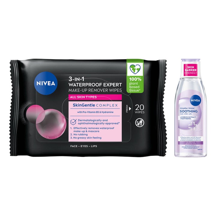 Nivea MicellAIR 200ml og Expert Wipes 20 stk beroligende sminkefjerner i lilla flaske og sort pakke.