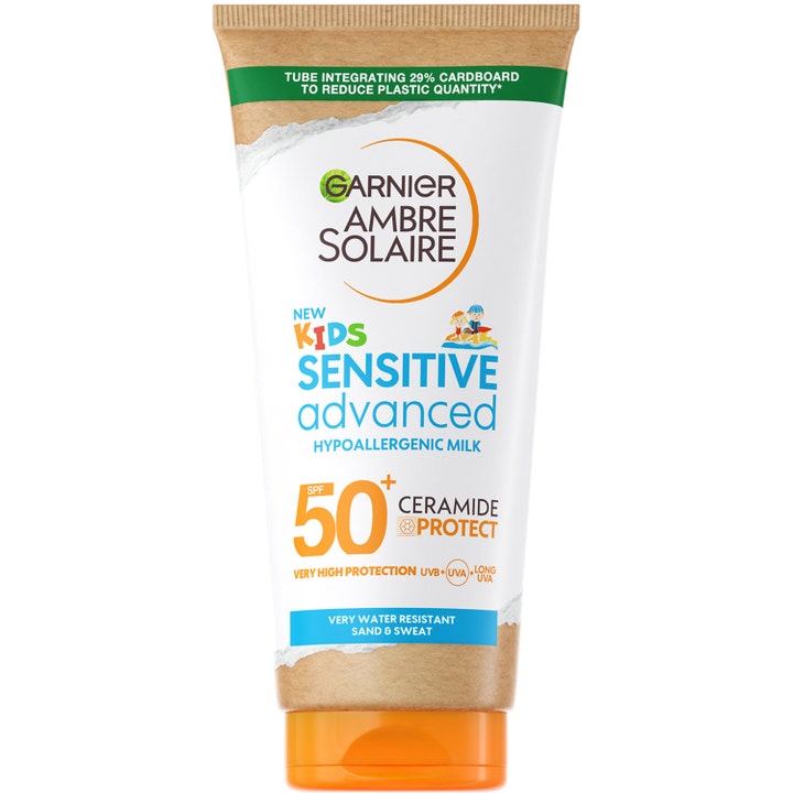 Garnier Ambre Solaire Kids Sensitive Advanced SPF 50+ 175 ml solkrem i hvit og brun tube med oransje kork