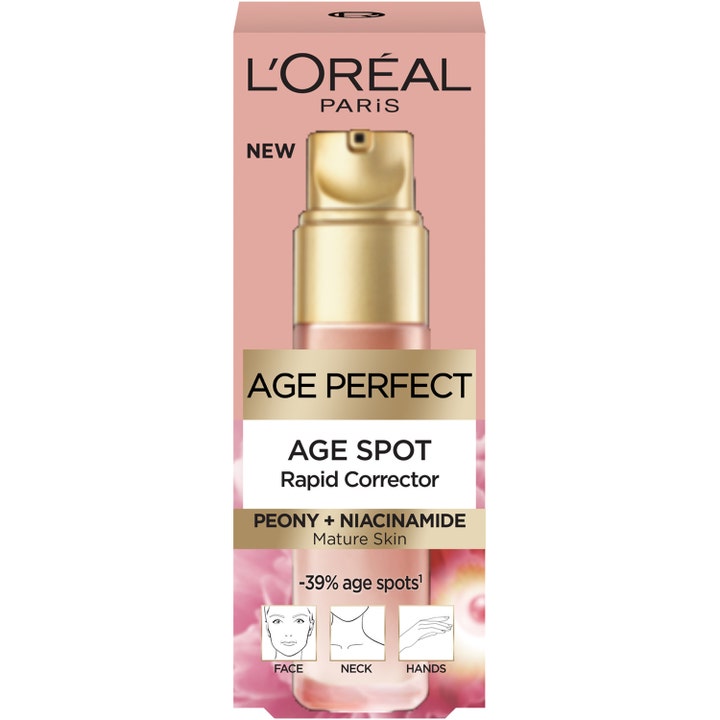 L'Oréal Paris Age Perfect Age Spot Corrector 30 ml serum mot pigmentflekker i rosa eske med gullpumpe