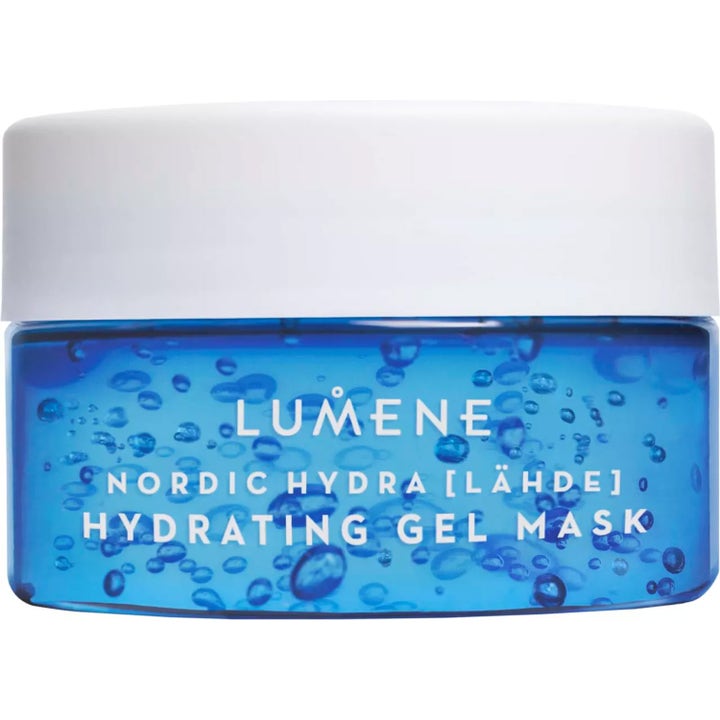 Lumene Nordic Hydra Lähde Hydrating Gel Mask 150ml fuktmaske i blå krukke med hvit kork og synlige vannbobler