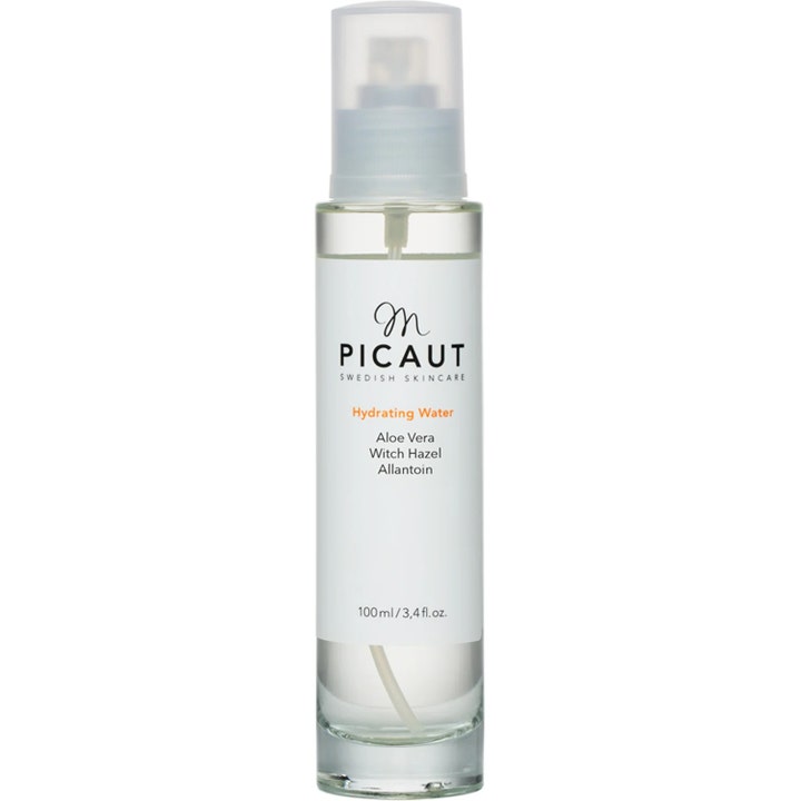 M. Picaut Hydrating Water 100 ml fuktighetsgivende ansiktsspray med aloe vera i klar glassflaske med hvit etikett