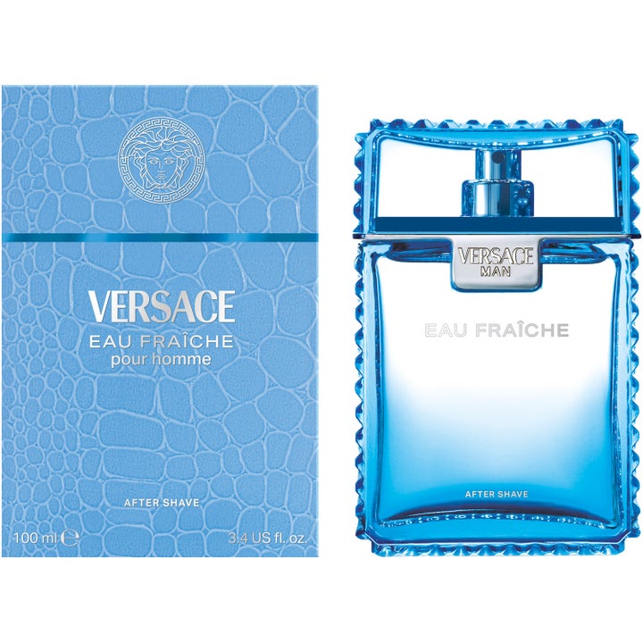 Versace Eau Fraiche After Shave 100 ml beroligende after shave i blå glassflaske med taggete kanter og blå mønstret eske.