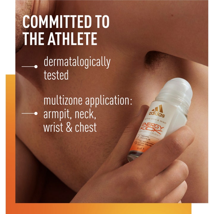 Adidas Skin & Mind Energy Kick 50 ml roll-on deodorant påføres på halsen for oppfriskende multizone-bruk.