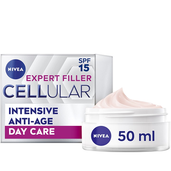 Nivea Cellular Expert Filler Intensive Anti-Age Day Care 50 ml dagkrem i hvit krukke med synlig lyserosa tekstur