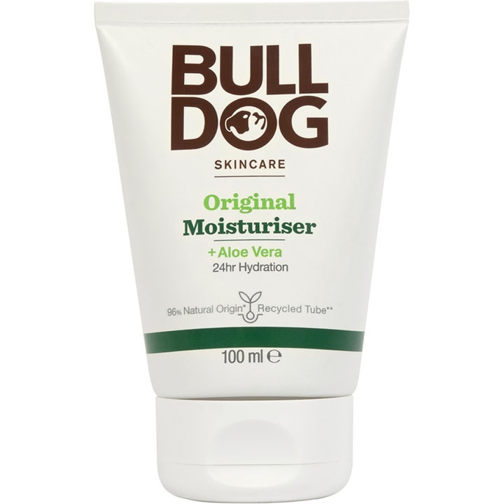 Bulldog Original Moisturiser 100 ml fuktighetsgivende ansiktskrem med aloe vera i hvit tube med grønn tekst