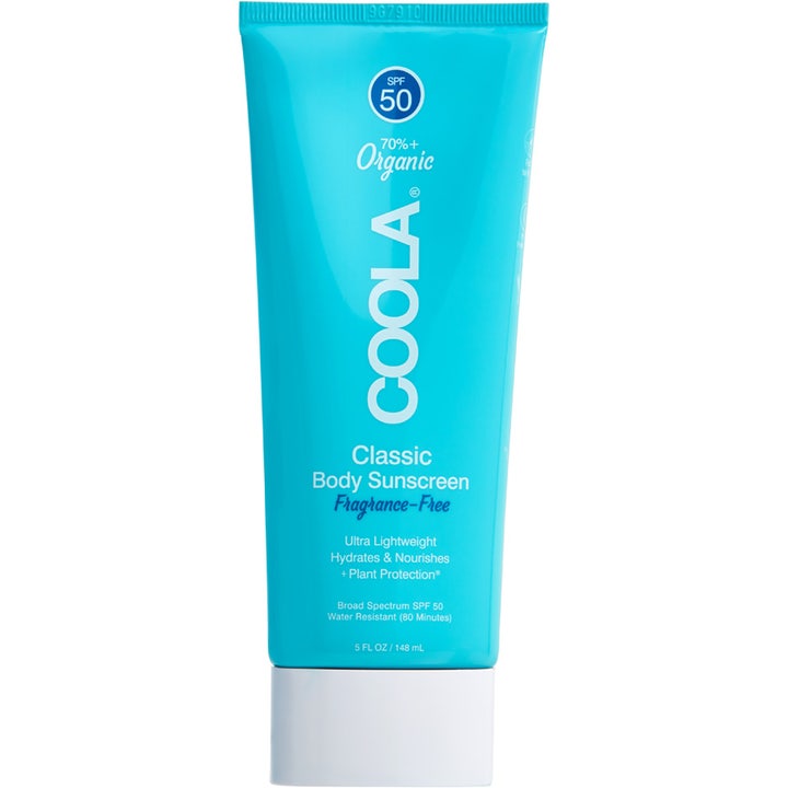 Coola Classic Body Sunscreen Fragrance-Free 148 ml SPF 50 som gir fuktighet i en turkis tube med hvit kork