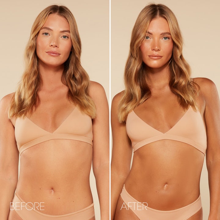 St.Tropez Self Tan Ultra Dark Violet Bronzing Mousse 200 ml før og etter bilde som viser dyp solbrun farge