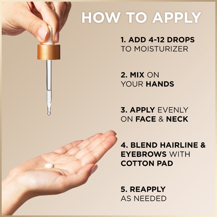 Garnier Ambre Solaire Natural Bronzer Self-Tan Drops 30 ml selvbruning viser trinnvis guide for blanding med pipette.