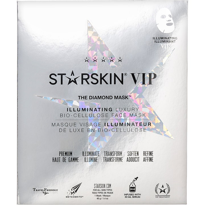 Starskin The Diamond Mask 40 g glødgivende ansiktsmaske i sølvfarget pakke med holografisk stjerne