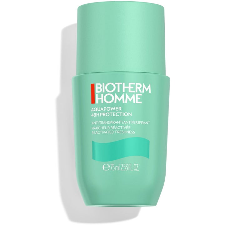 Biotherm Homme Aquapower 75 ml antiperspirant gir 48 timers friskhet i en mintgrønn roll-on-beholder.