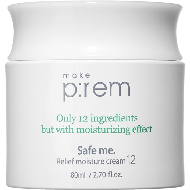 Make p:rem Safe me. Relief moisture cream 12 80ml beroligende ansiktskrem i hvit krukke med minimalistisk design