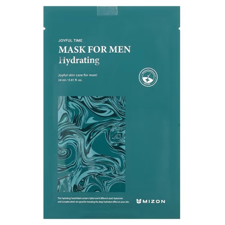 Mizon Joyful Time Mask For Men Hydrating 24 ml fuktighetsgivende ansiktsmaske i mørkegrønn pakke med marmormønster
