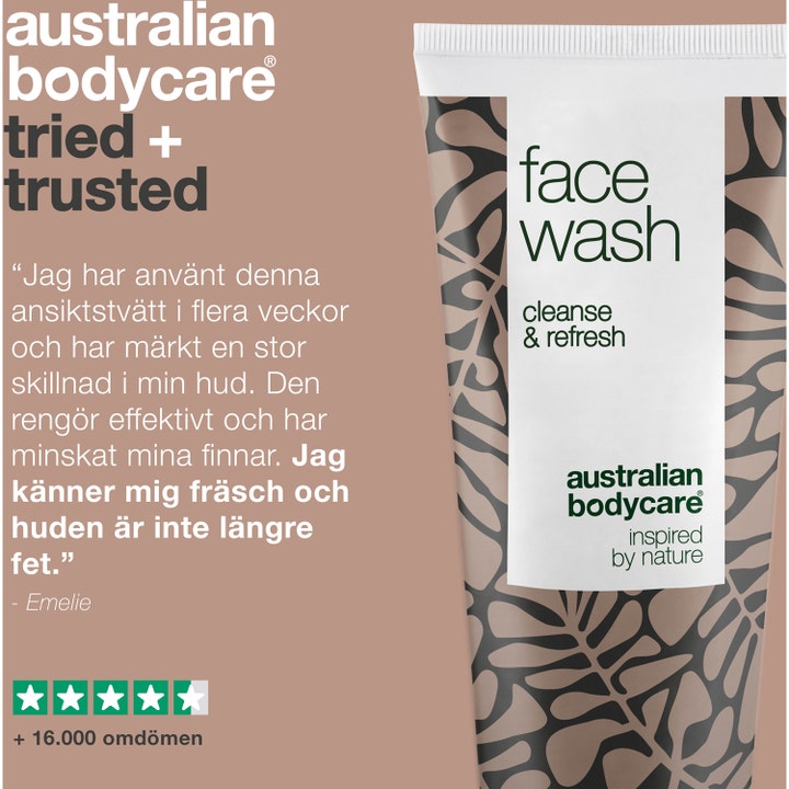 Australian Bodycare Face Wash 100 ml ansiktsrens mot urenheter i hvit tube ved siden av en kundeomtale.
