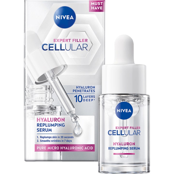 Nivea Cellular Expert Filler Serum med hyaluronsyre gir fylde i glassflaske med hvit pipette og sølvfarget eske.
