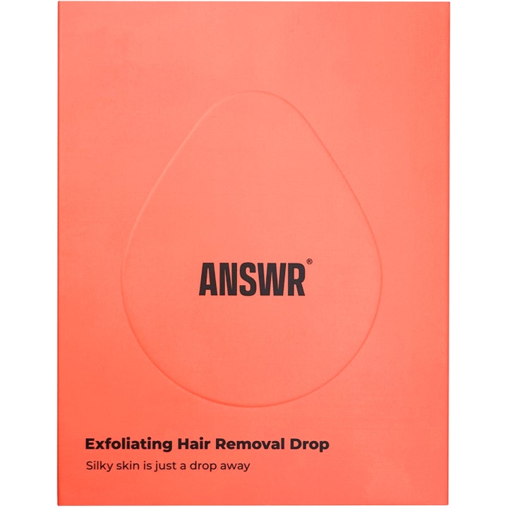 ANSWR Exfoliating Hair Removal Drop 1 stk hårfjerning i korallfarget eske med preget dråpeform og svart tekst.