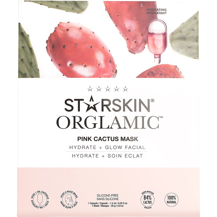 Starskin Pink Cactus Mask 25 g fuktighetsgivende ansiktsmaske med bilde av rosa kaktusfrukt og oljekapsel.