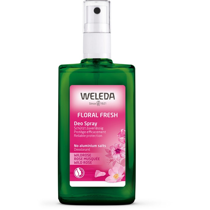 Weleda Floral Fresh Wild Rose Deo Spray 100ml gir naturlig friskhet i grønn glassflaske med hvit spraypumpe