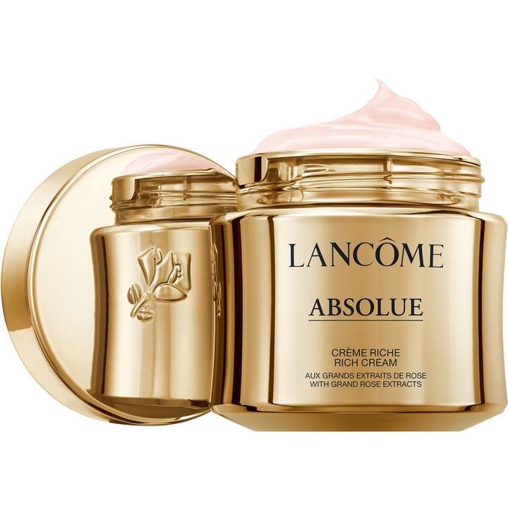Lancôme Absolue Rich Cream 60 ml fuktighetskrem i gullkrukke med synlig lyserosa og fyldig konsistens.