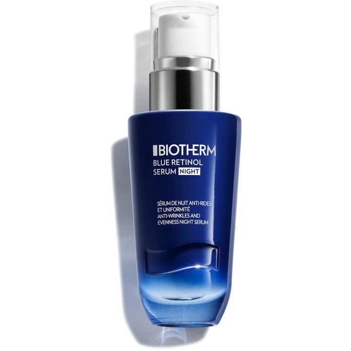 Biotherm Blue Retinol Serum Night 30 ml antialdringsserum i en dyp blå glassflaske med sølvfarget pumpe