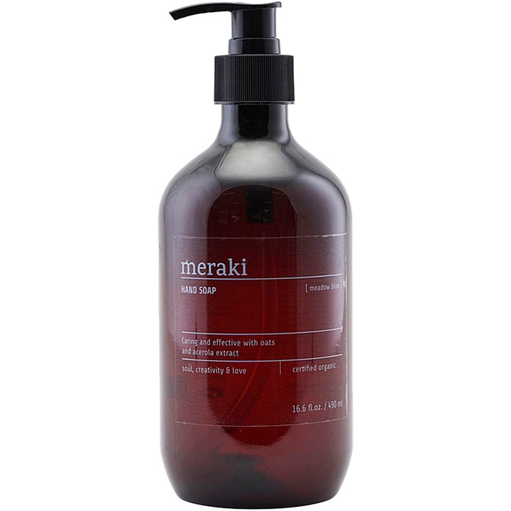 Meraki Meadow Bliss Hand Soap 490 ml pleiende håndsåpe i en mørk brun transparent flaske med sort pumpe.